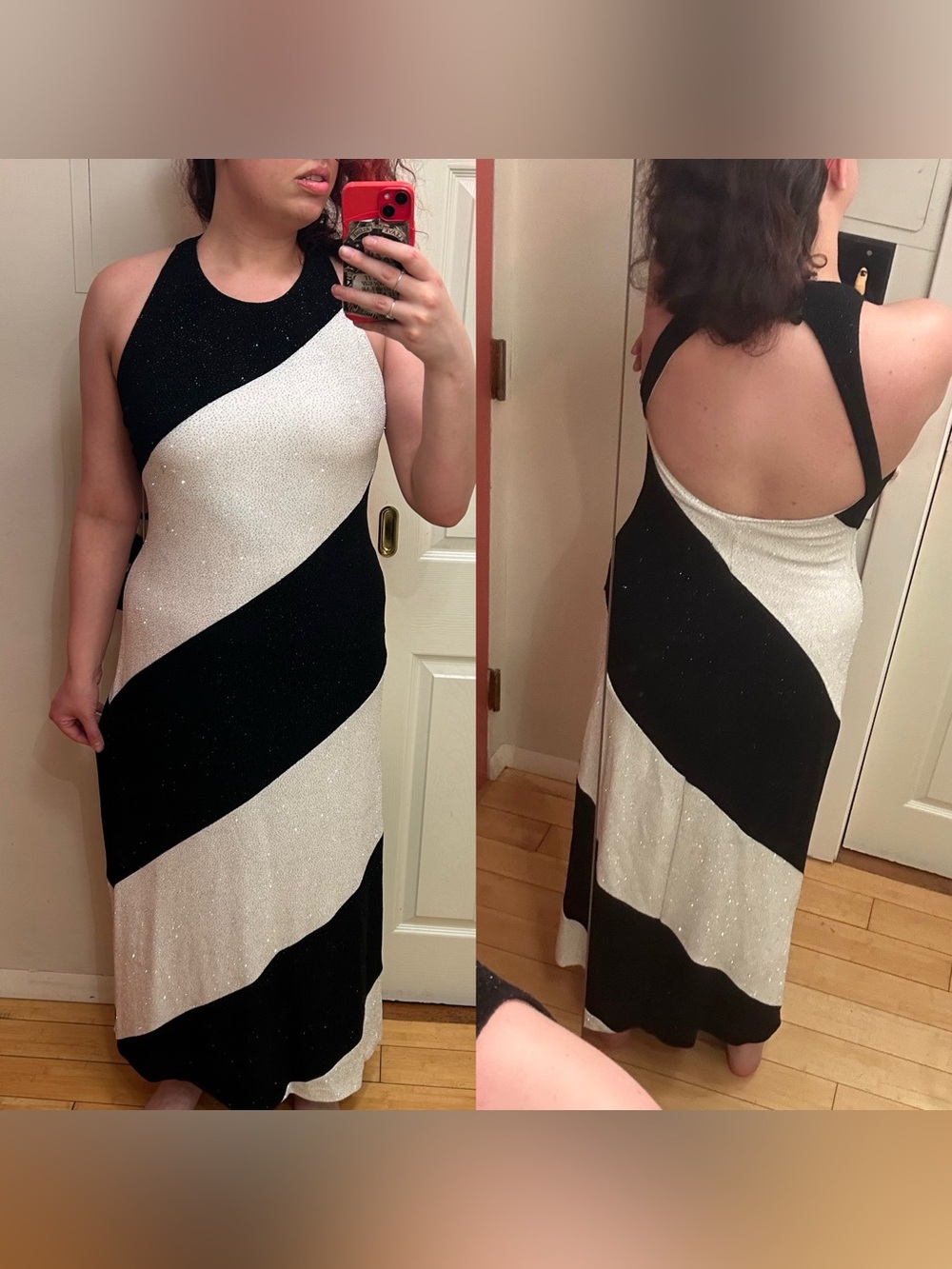 Ronni Nicole black and white striped sparkly maxi dress with open back